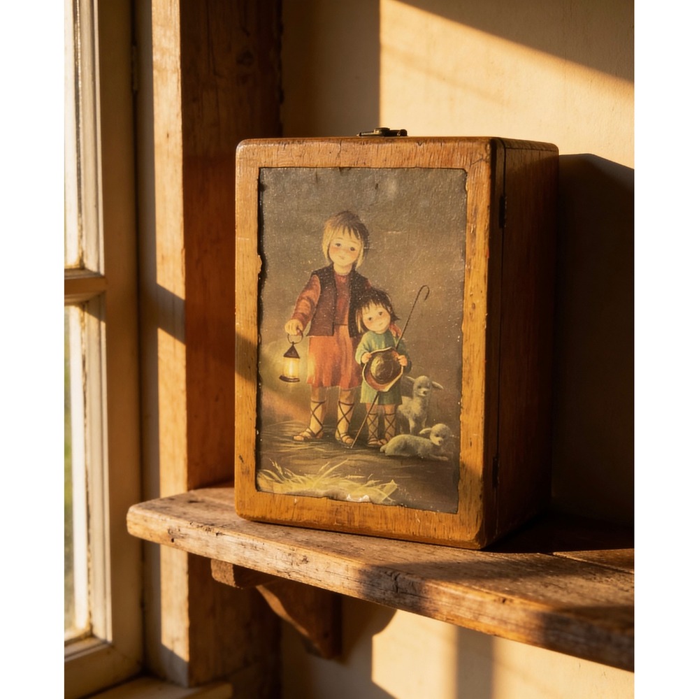 Vintage‎ Wooden picture Hummel Style Children Lantern Lambs Folk Art Decor